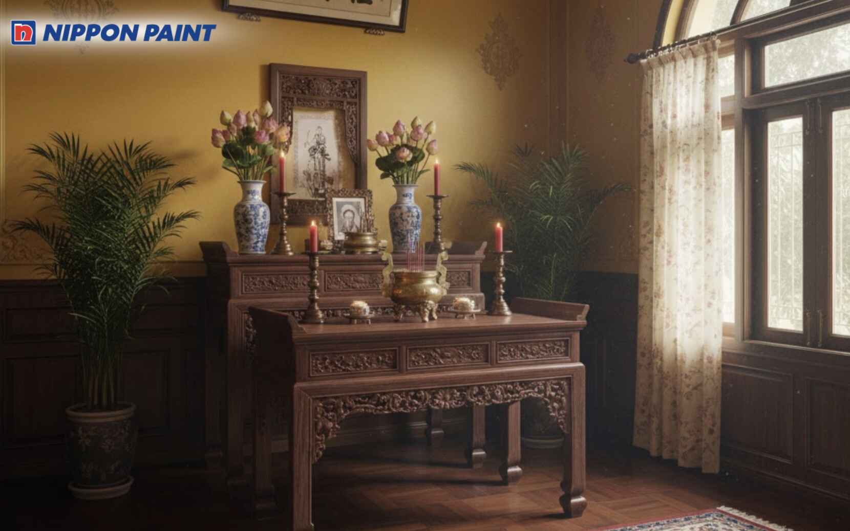 Gam vàng sậm sàn gỗ giúp không gian mang đậm tinh thần truyền thống