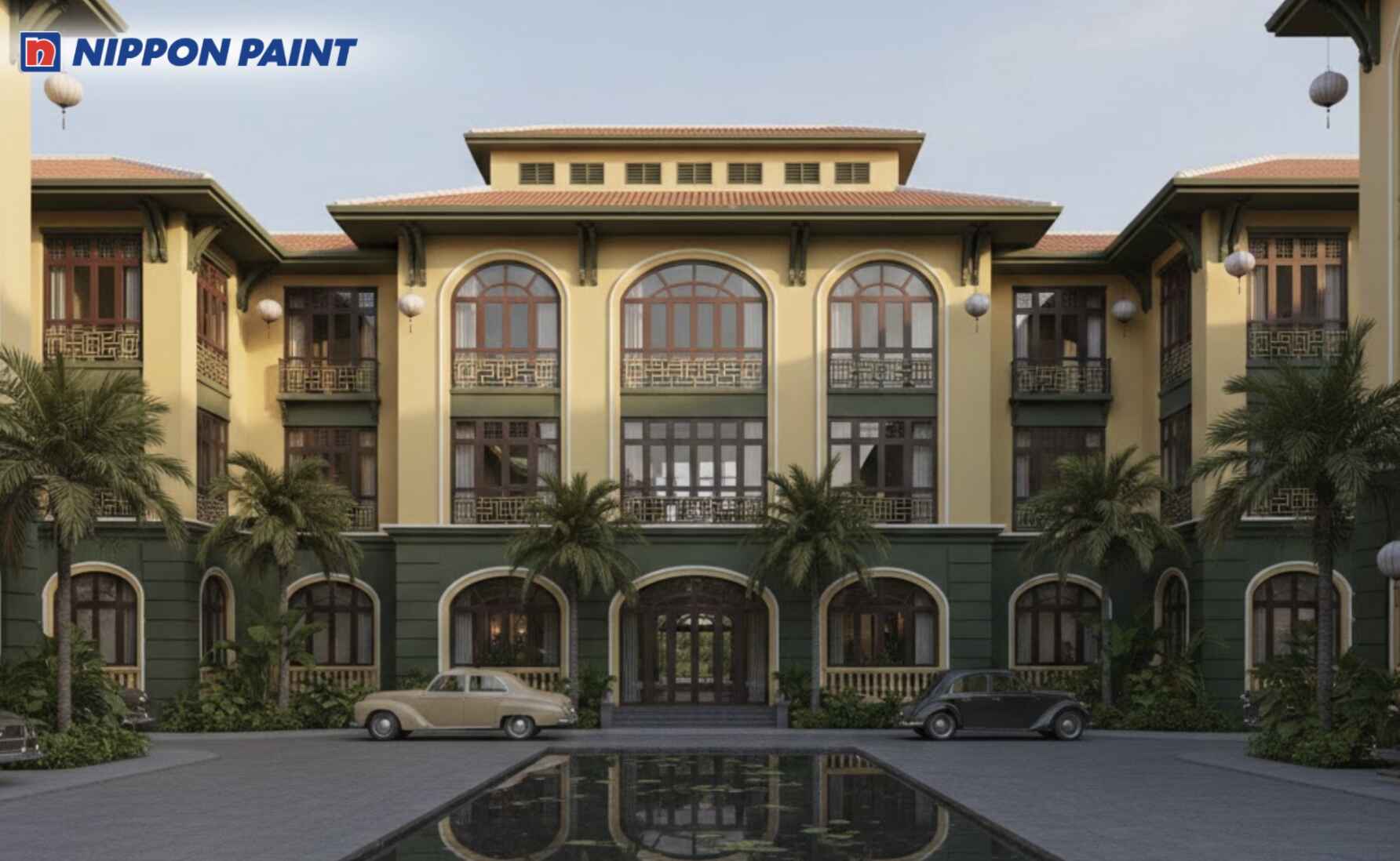 Bảng màu vàng nhạt + nâu gỗ + xanh đậm tạo nét hoài cổ và cảm giác hiện đại