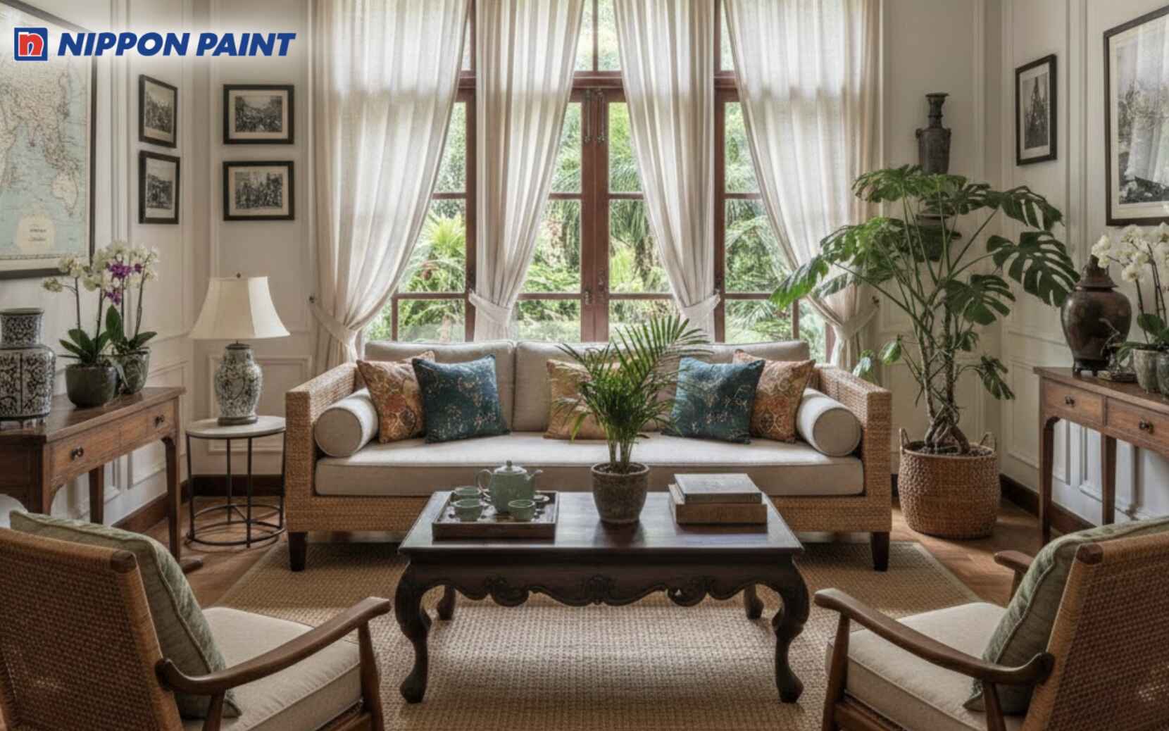 Phòng khách Indochine với nền trắng kem - be sáng, kết hợp nâu gỗ đậm tạo cảm giác ấm cúng