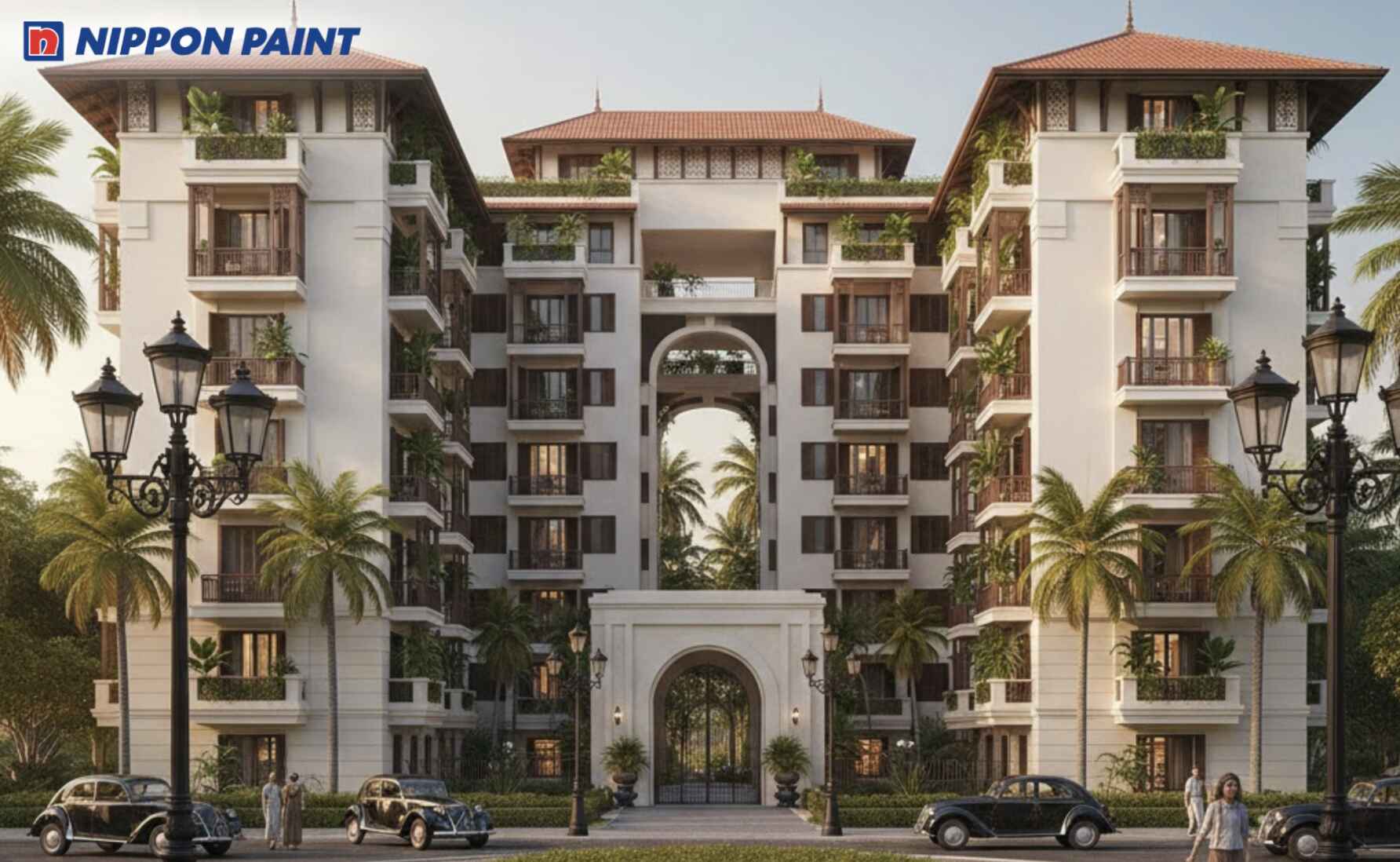 Sơn màu trắng ngà kết hợp cây xanh cho chung cư