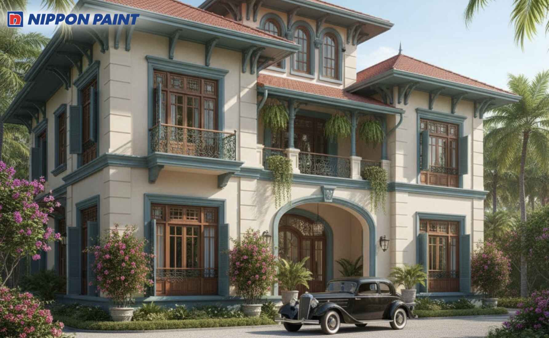 Sắc xanh xuất hiện ở cửa và màu sơn ngoại thất giúp tăng nét cổ điển Đông Dương