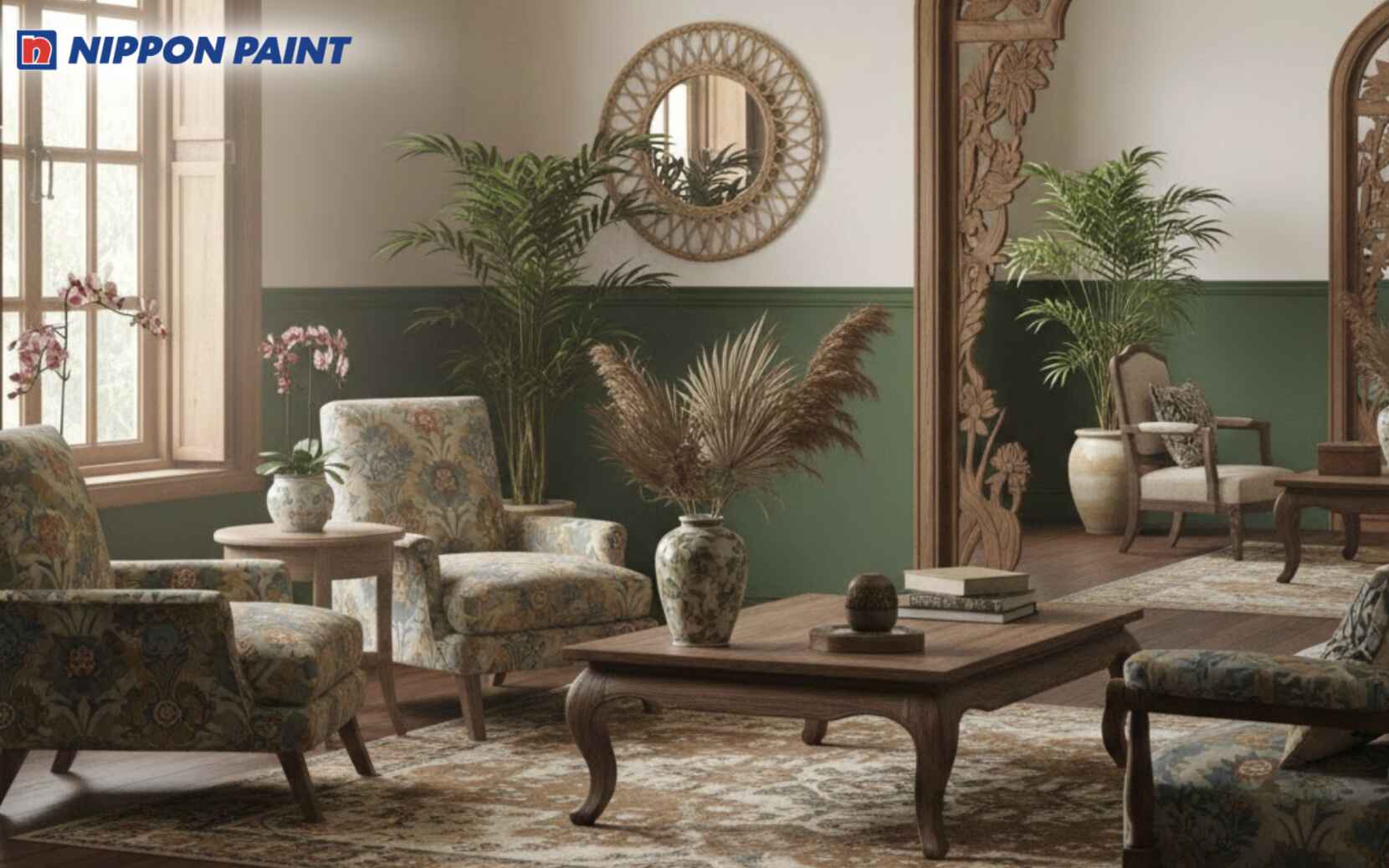 Sắc xanh rêu trầm được sử dụng ở mảng tường, giúp không gian thêm hoài cổ