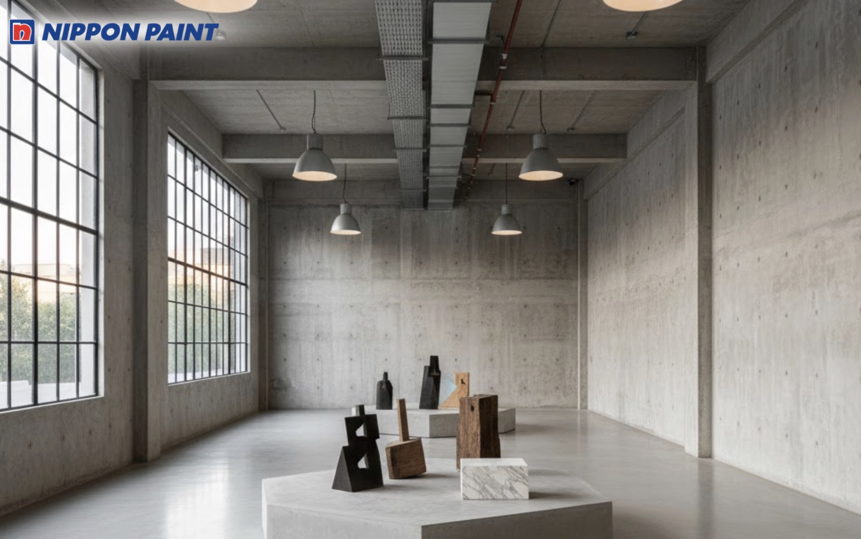 Tường sơn xám bê tông nhạt làm nền, giúp sản phẩm trưng bày nổi bật hơn