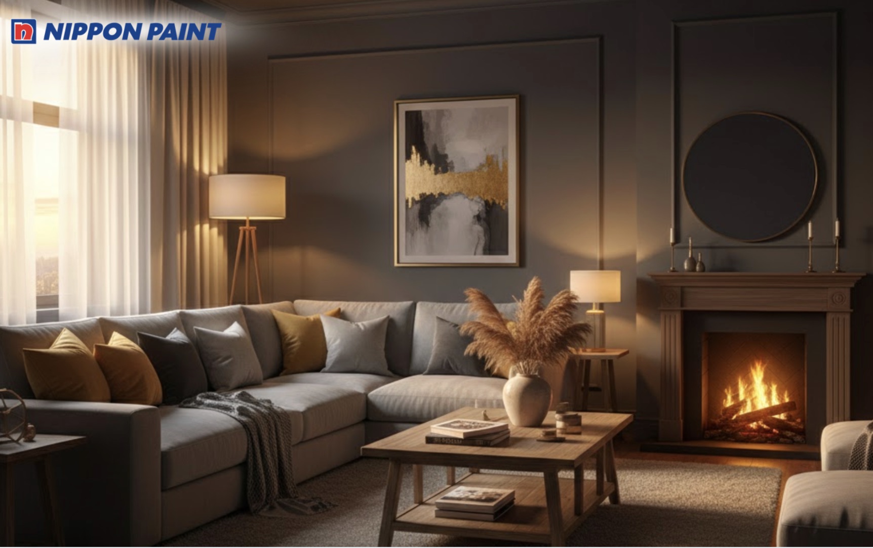 Tường xám trung tính + ánh sáng đèn vàng cá tính