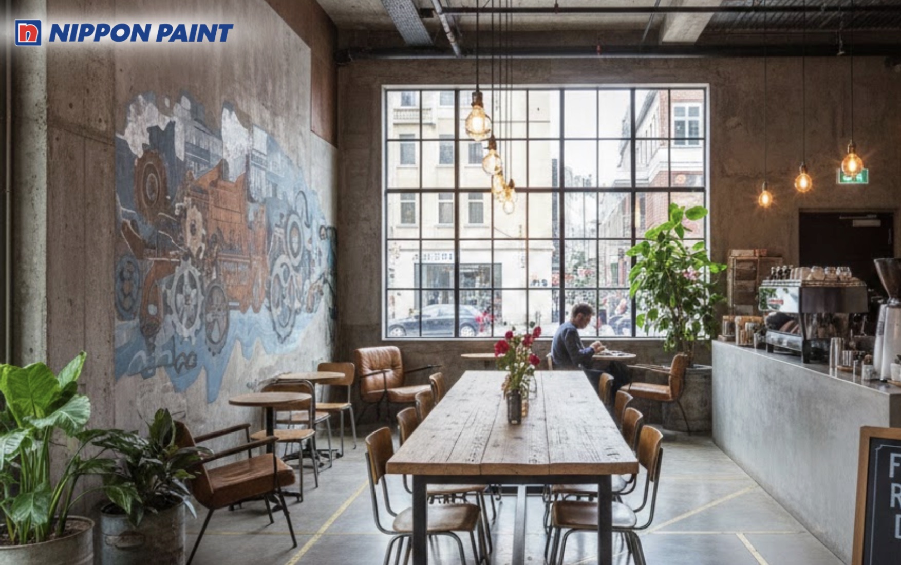 Sơn hiệu ứng xi măng giúp không gian quán cá tính, dễ nhận diện thương hiệu