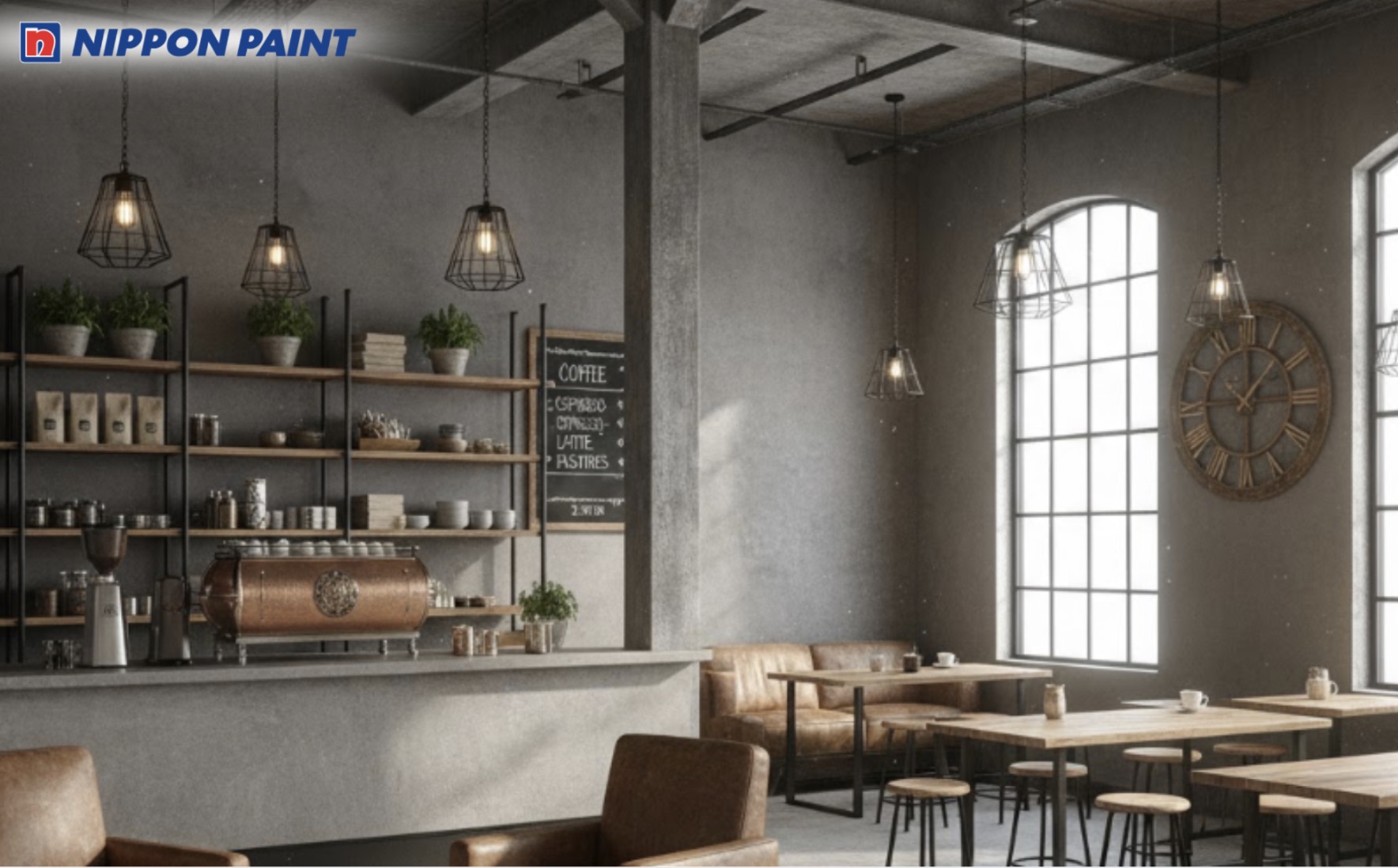 Sơn công nghiệp xám trung tính phù hợp concept cà phê sáng tạo, nghệ thuật