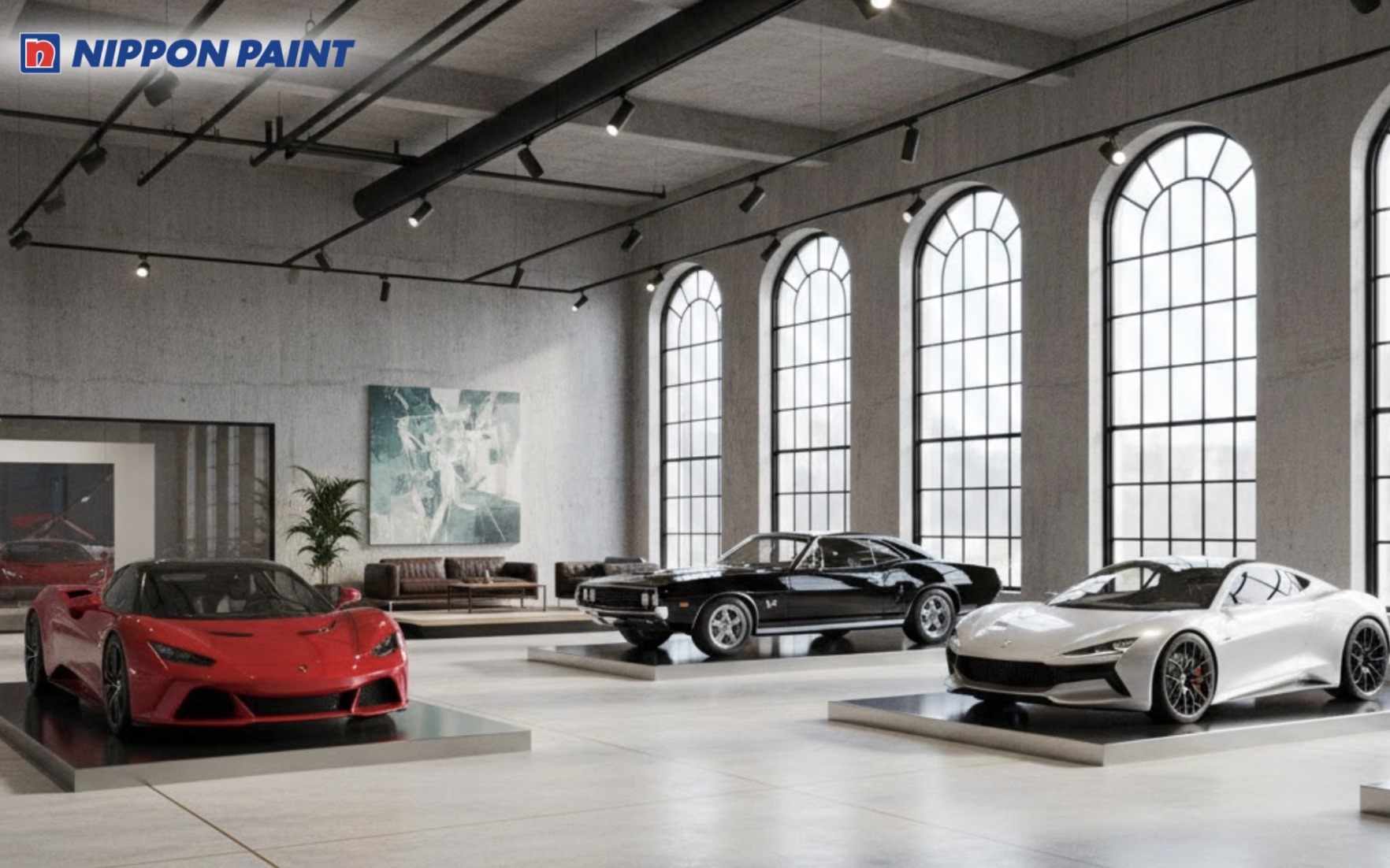 Tường sơn xám xi măng kết hợp ánh sáng rọi điểm nhấn, làm nổi bật concept thương hiệu