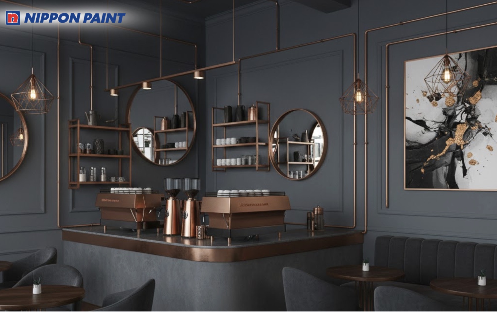 Tường sơn đen than kết hợp kim loại đen tạo dấu ấn Industrial rõ nét