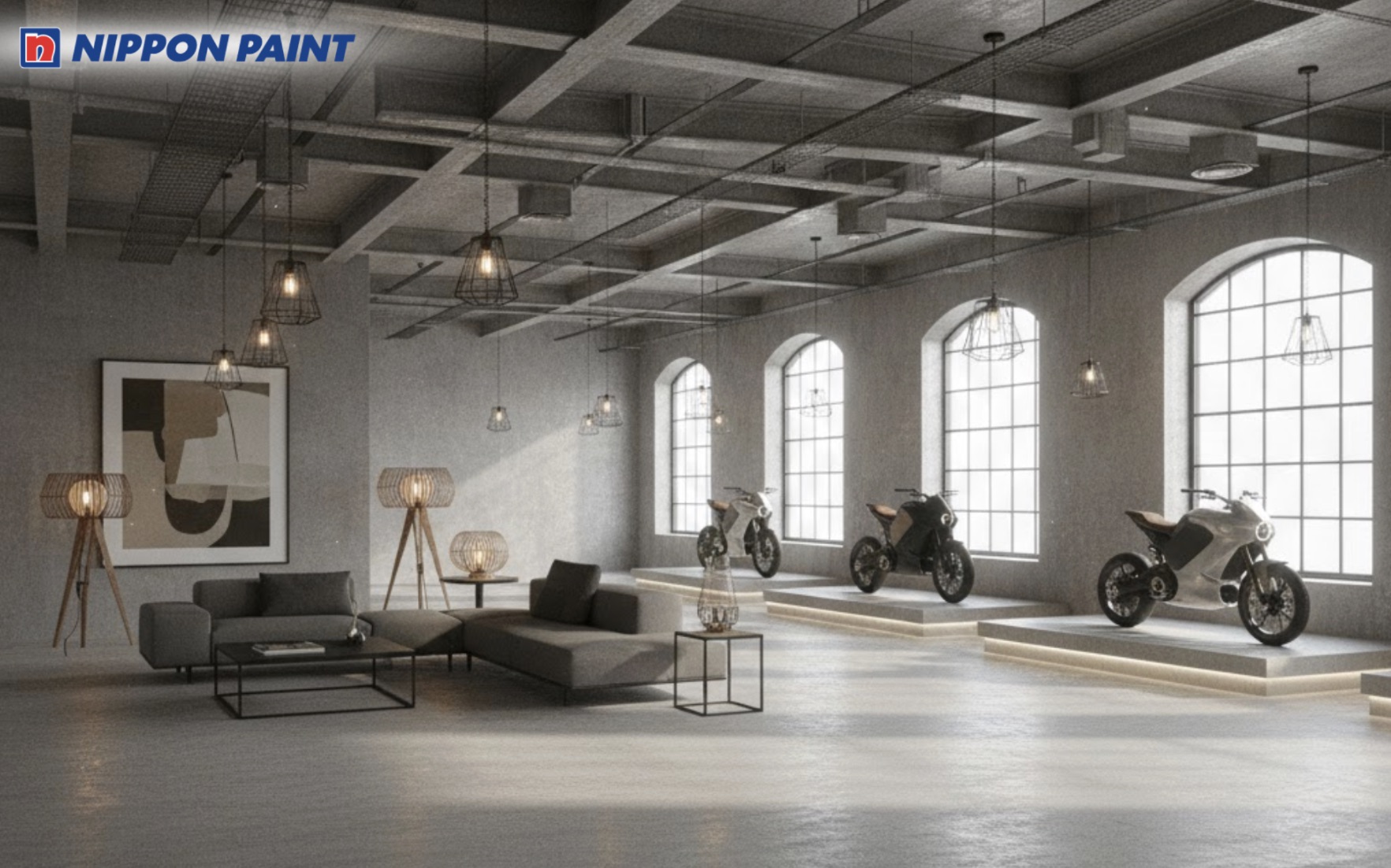Sơn xám công nghiệp trung tính giúp showroom giữ vẻ hiện đại, bền xu hướng theo thời gian