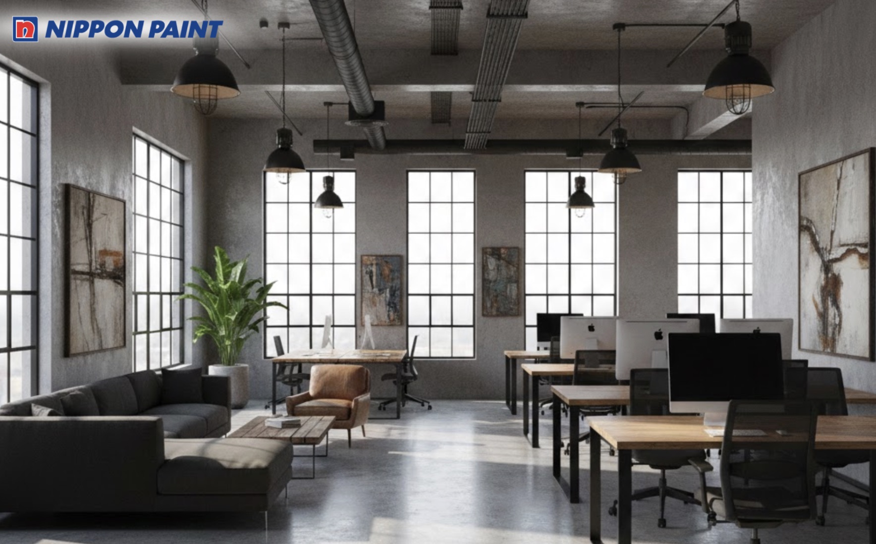 Sơn xám ghi, nội thất đen mang lại cảm giác năng động, sáng tạo cho văn phòng mở