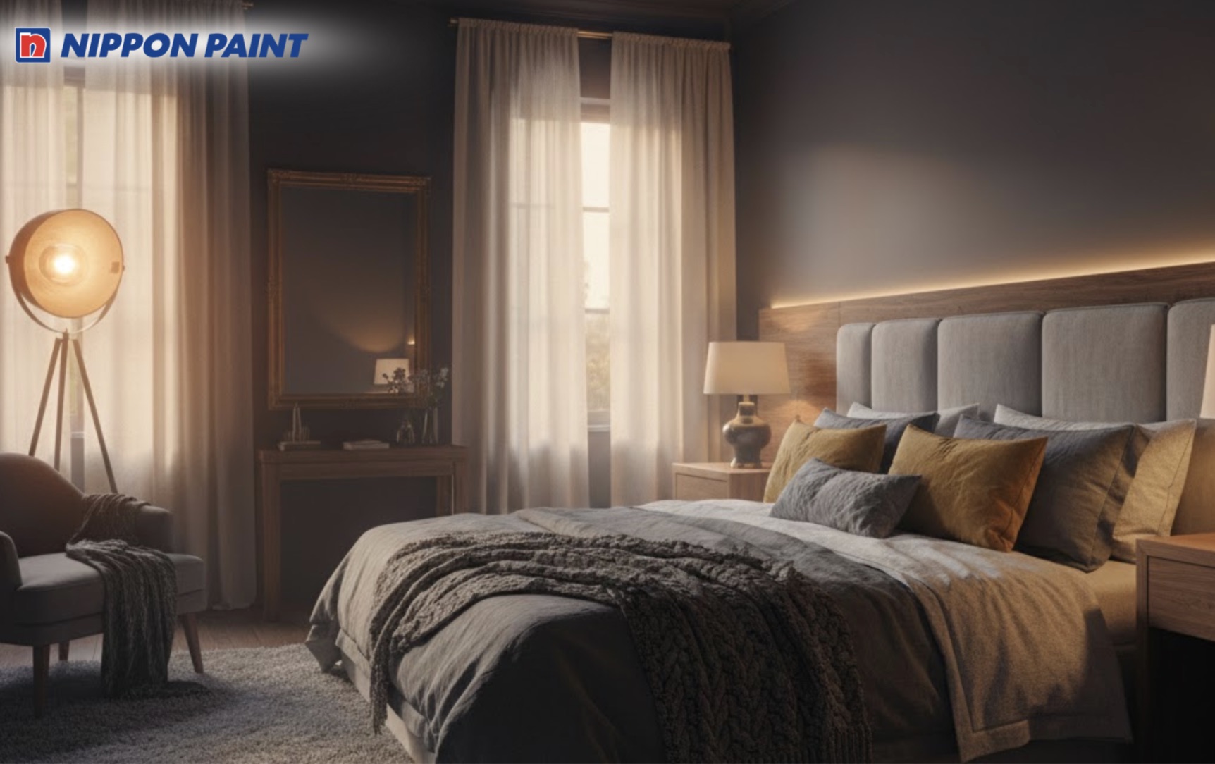 Sơn xám ghi kết hợp ánh sáng vàng giúp phòng ngủ Industrial trầm lắng, dễ thư giãn