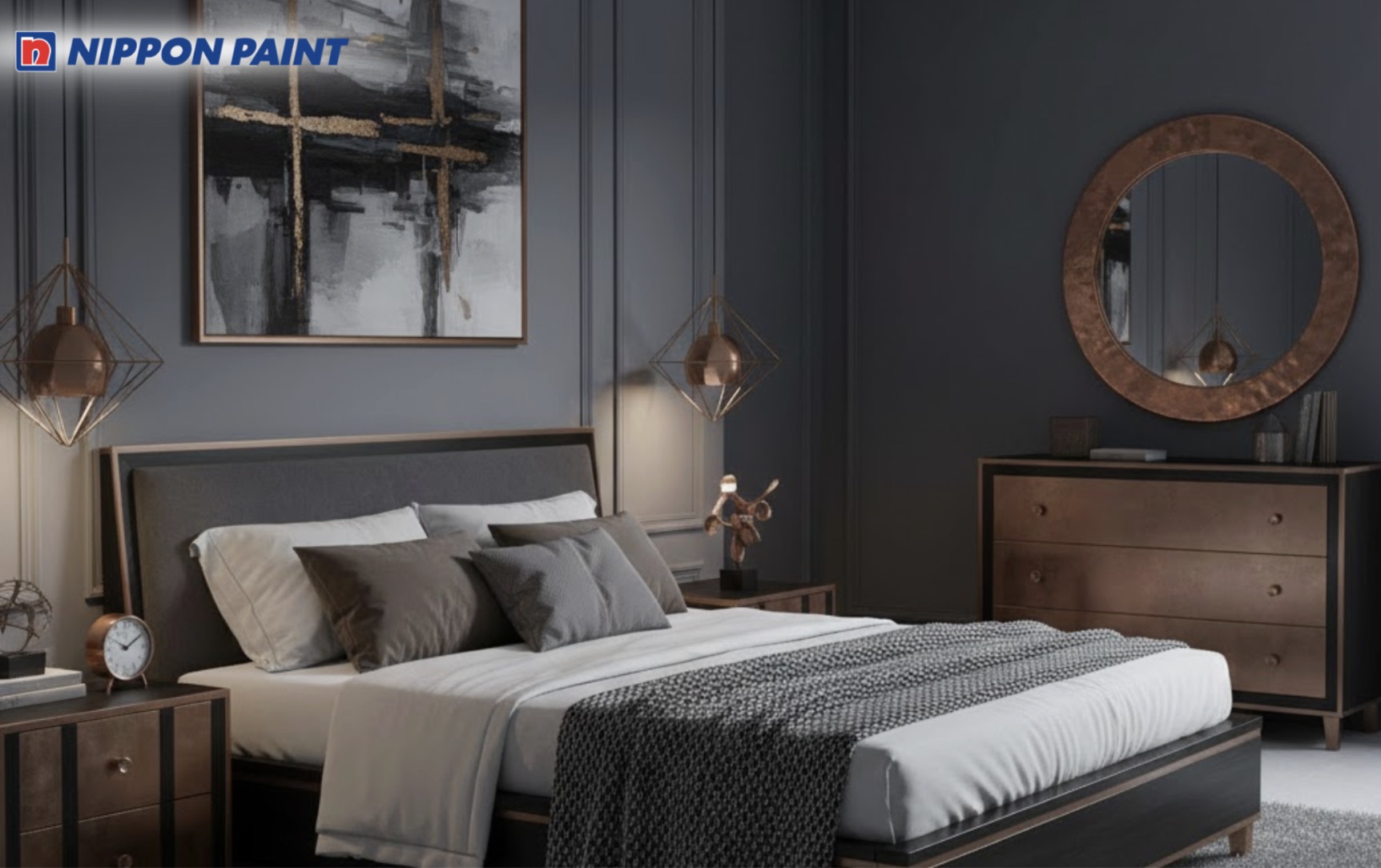 Sơn xám ghi đậm cùng nội thất tối màu cho phòng ngủ