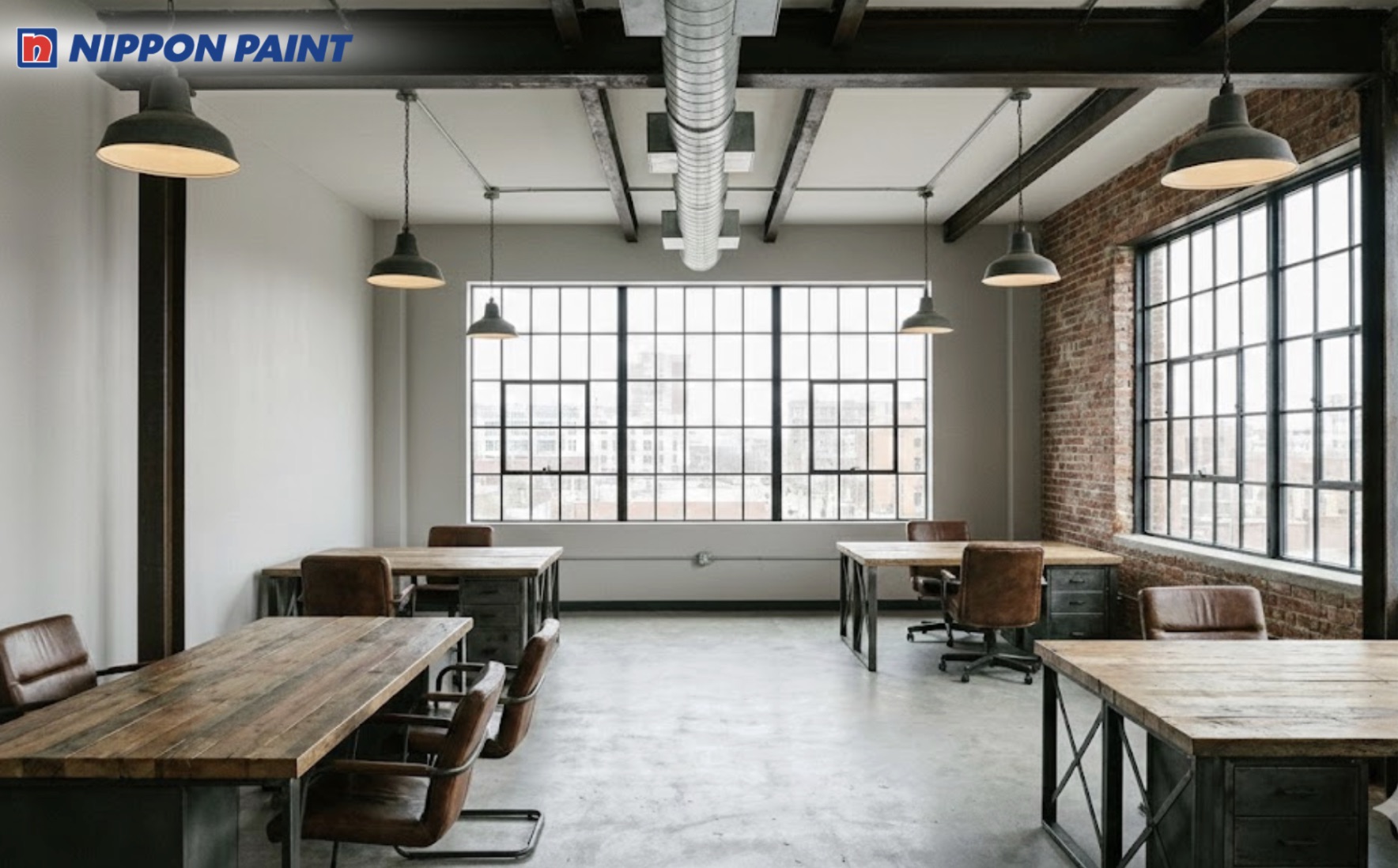 Màu sơn Industrial trắng xám tối ưu ánh sáng và bố cục không gian làm việc