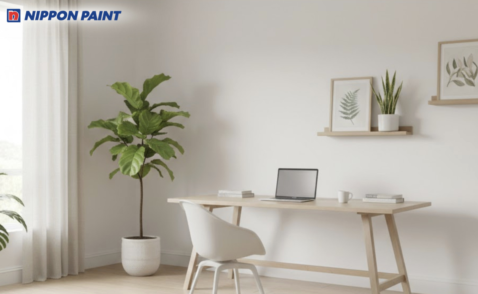 Gợi ý sơn góc làm việc Japandi tông trắng nhẹ, kết hợp cây xanh nhỏ