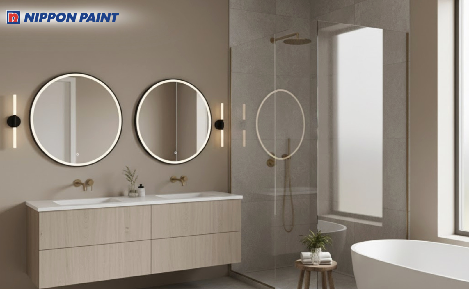 Gợi ý sơn phòng tắm xám ấm cho tường, phối cùng gạch vân đá sáng