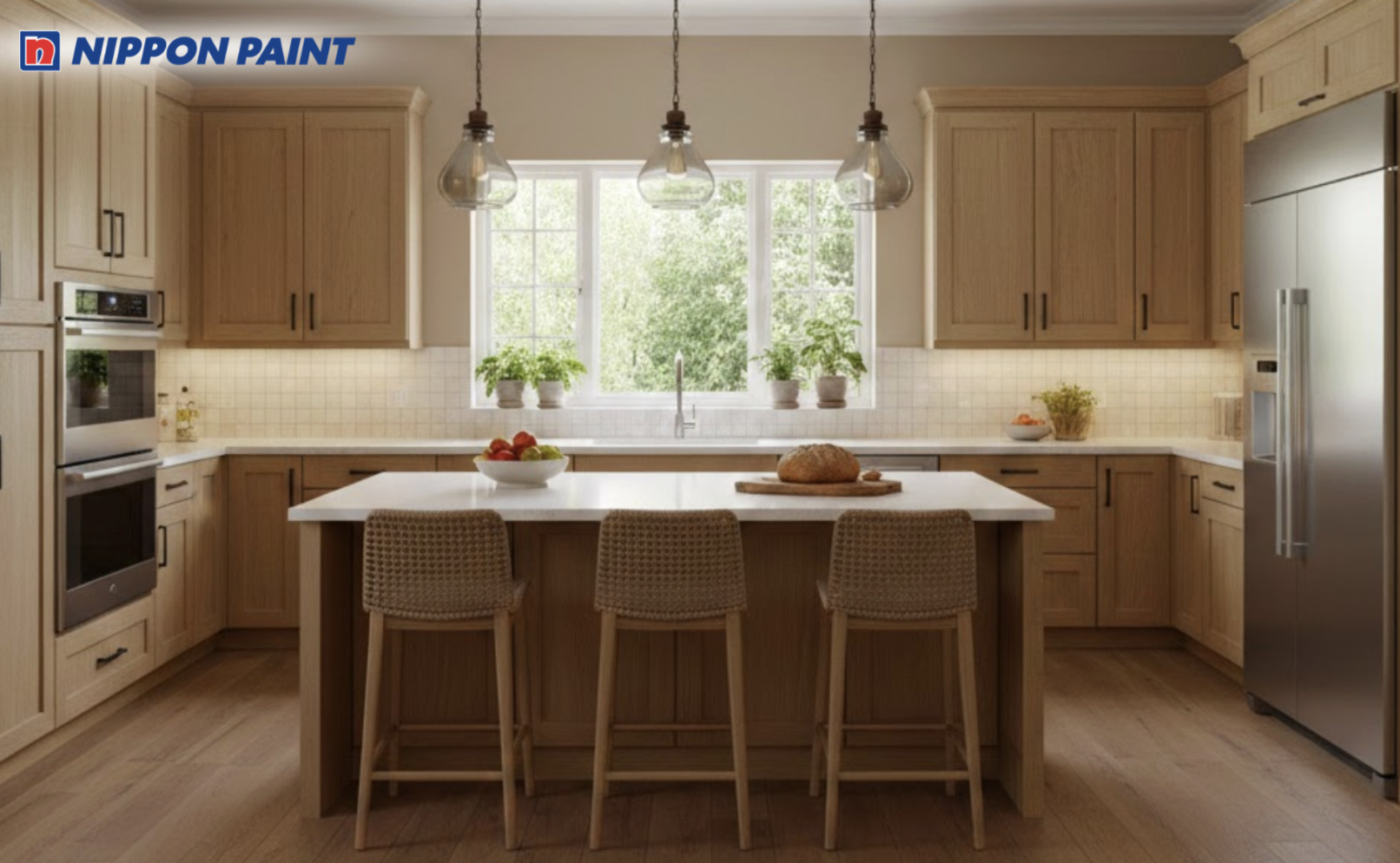 Gợi ý phối màu sơn bếp Japandi với trắng kem kết hợp gỗ sáng