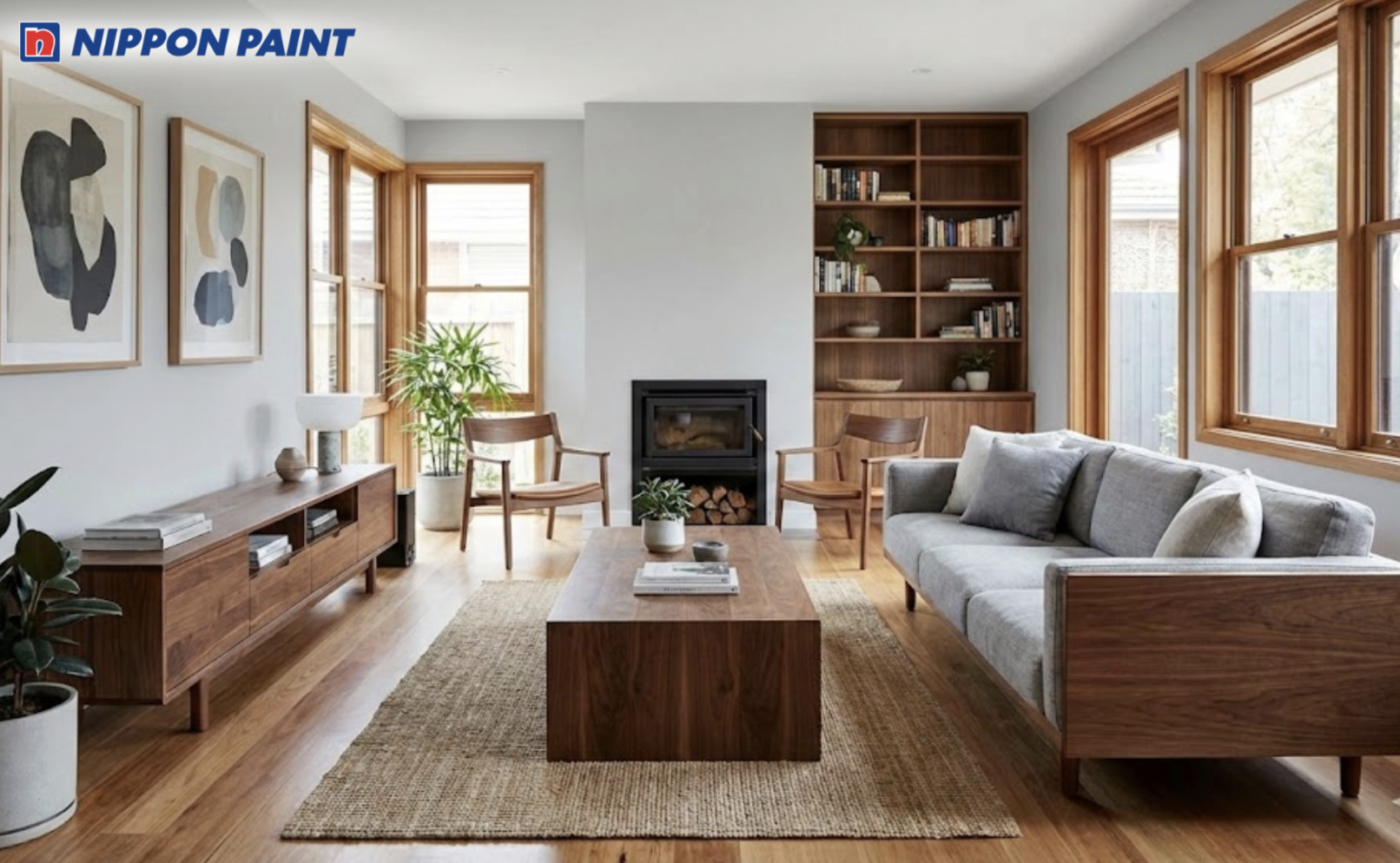 Gợi ý cách dùng sơn màu xám nhạt làm nền, nhấn bằng nội thất gỗ tự nhiên phong cách Japandi