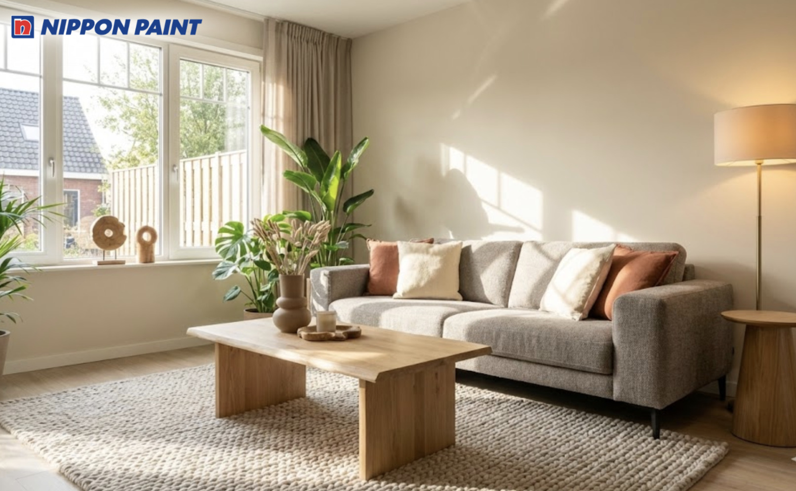 Gợi ý cách phối màu sơn Japandi kết hợp tone màu nâu gỗ nhạt, xám ấm