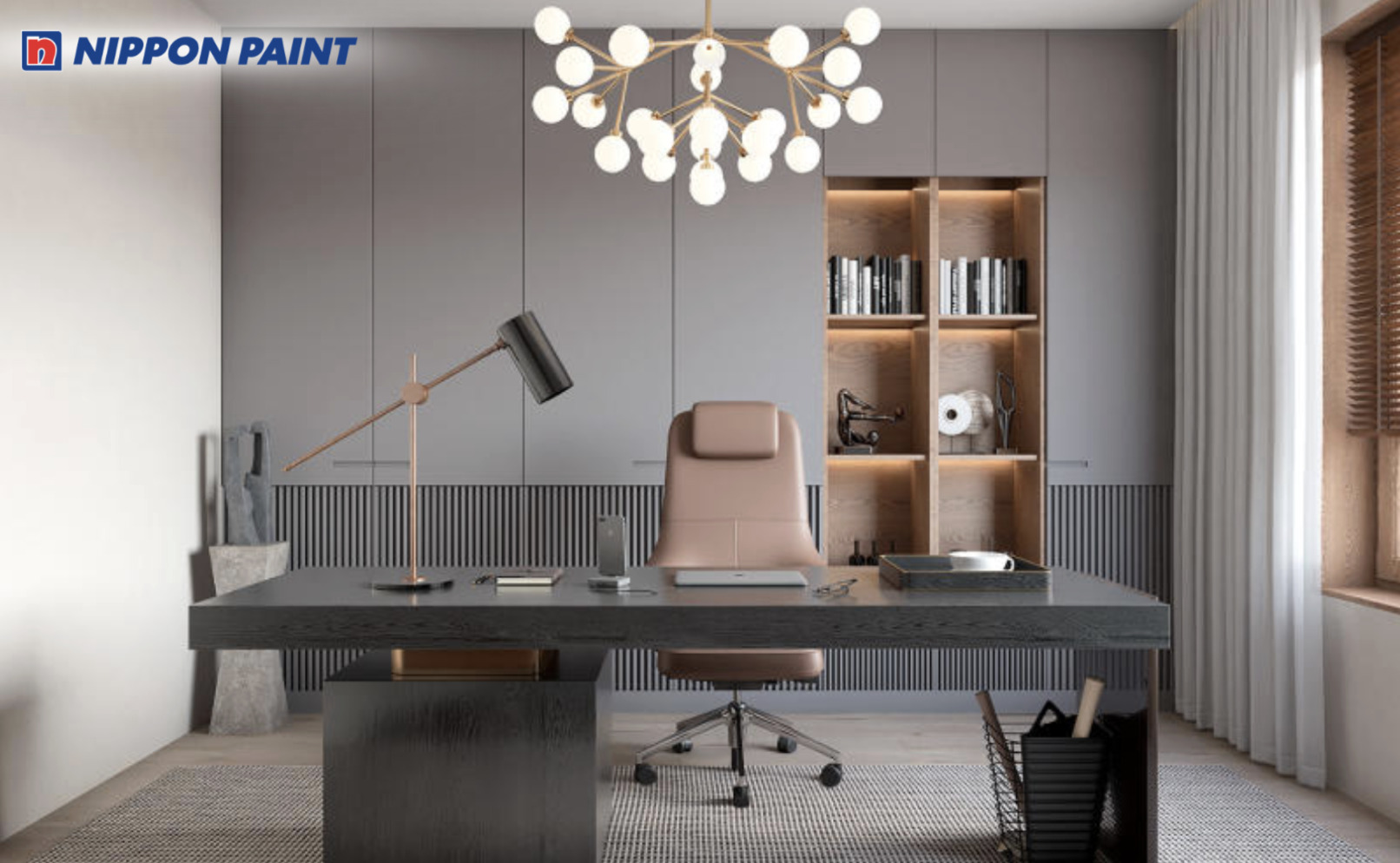 Phối màu sơn góc làm việc Japandi với xám nhạt kết hợp trắng kem