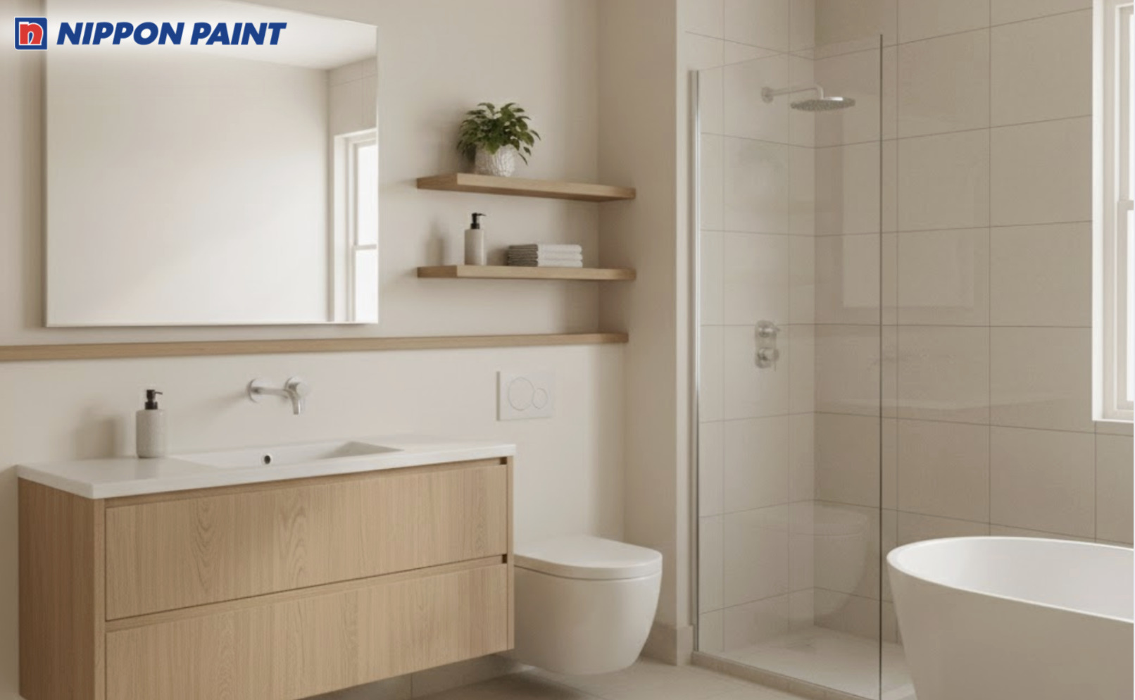 Gợi ý phối sơn trung tính trắng ngà với vật liệu gỗ chống ẩm để tăng sự ấm áp