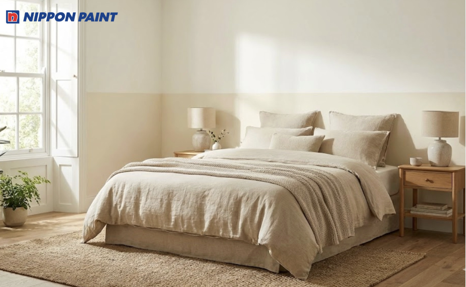 Be sáng làm nền kết hợp trắng ngà và kem nhạt, giúp không gian dịu mắt