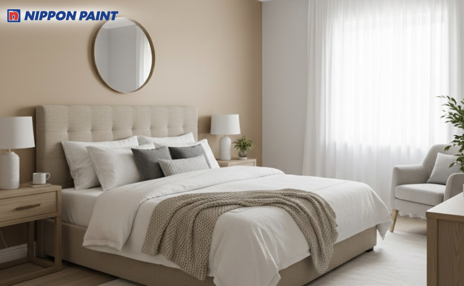 Gợi ý sơn phòng ngủ Japandi tông be ấm và xám sáng, kết hợp ánh sáng vàng dịu