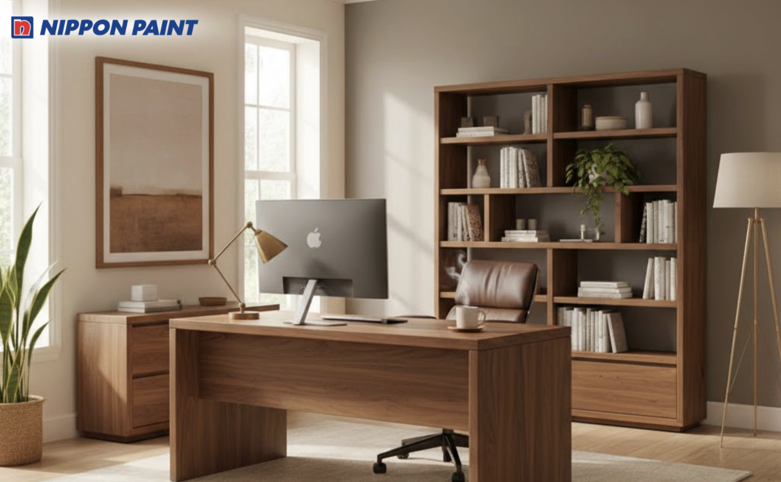 Gợi ý bảng màu sơn Japandi gồm trắng ngà - xám ấm - nâu gỗ