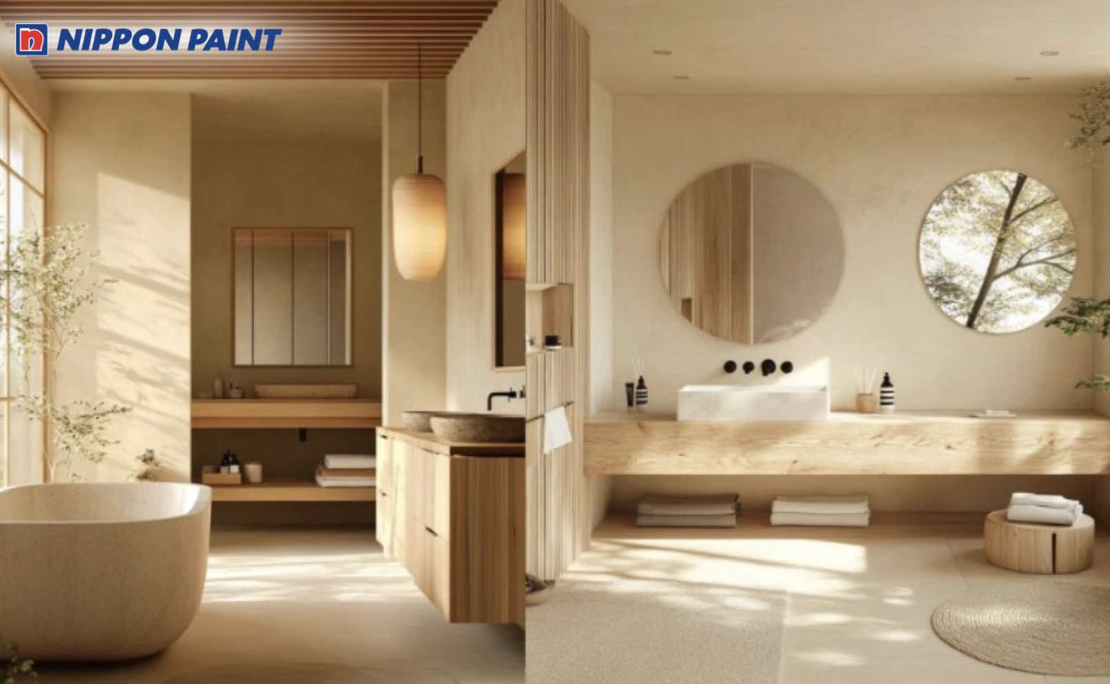 Phối màu sơn phòng tắm Japandi với tone nâu gỗ tạo cảm giác thư giãn