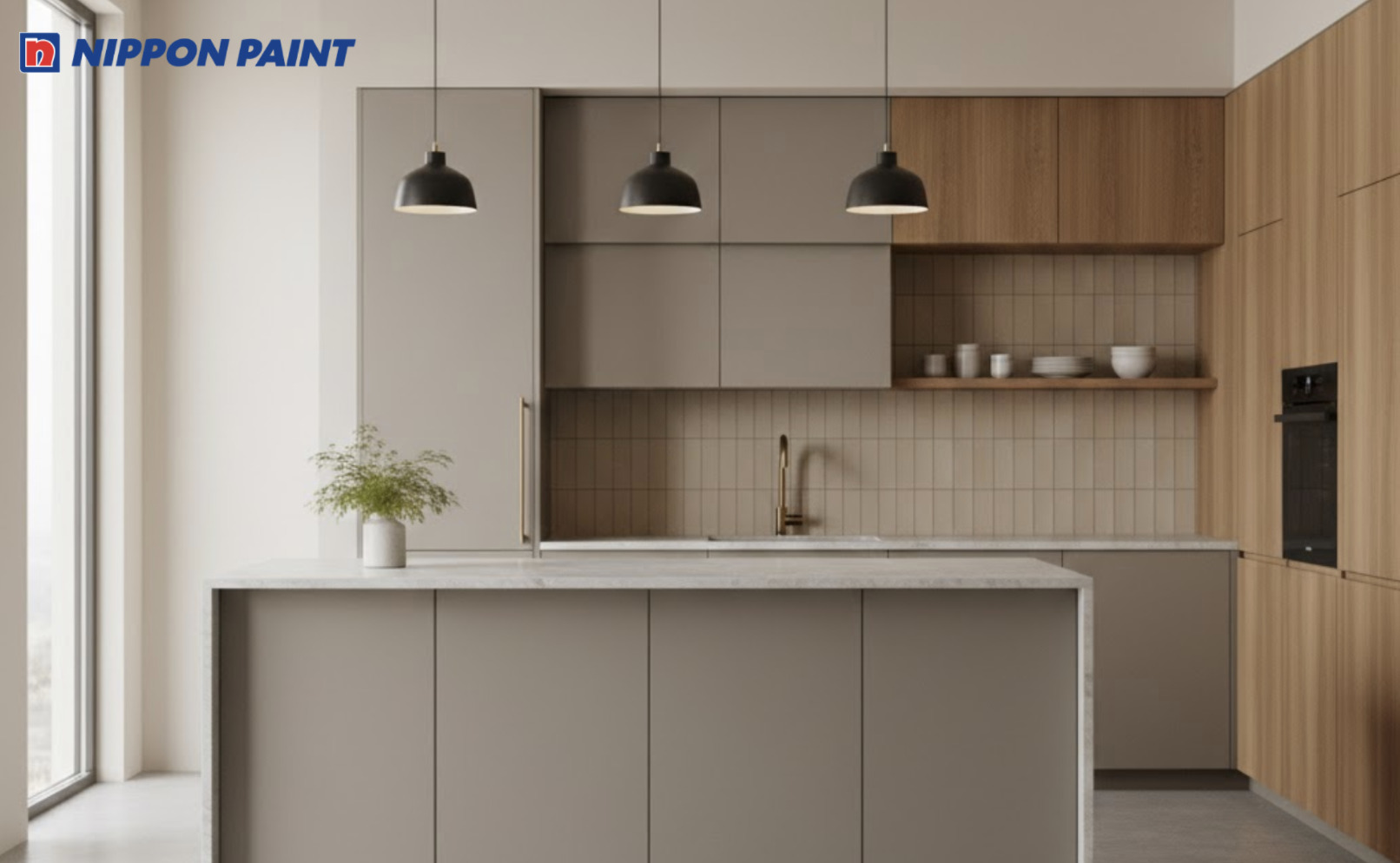 Gợi ý bảng màu sơn Japandi gồm trắng ngà - be xám và nâu gỗ