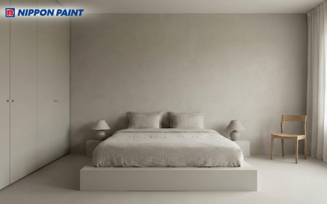 Không gian ngủ sử dụng gam màu greige đồng nhất