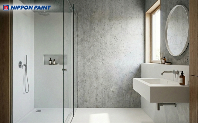 Phòng tắm tối giản với tường xám bê tông và thiết bị trắng