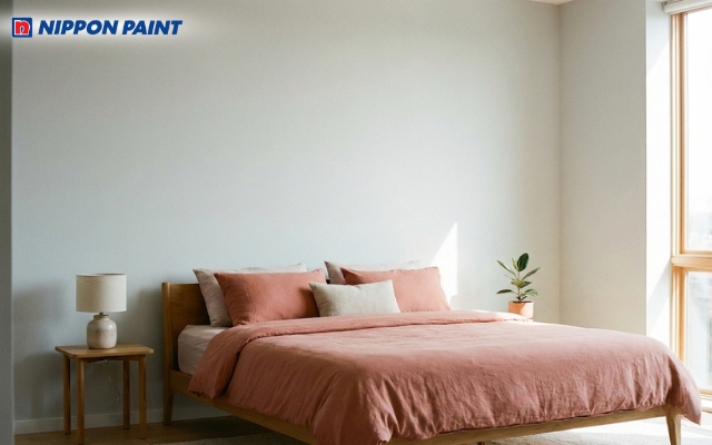 Ghi nhạt phối hồng đất tạo không gian ngủ dịu mắt