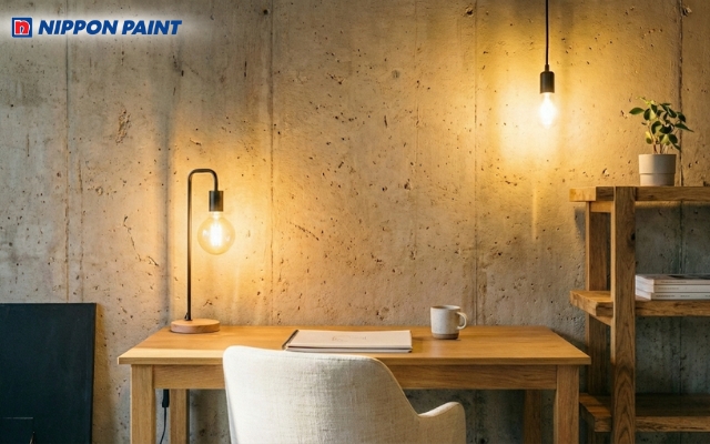 Tường hiệu ứng xi măng kết hợp ánh đèn vàng