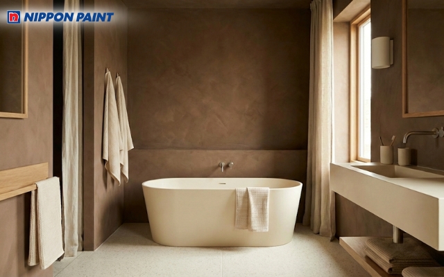 Phòng tắm tông nâu đất và kem ấm áp