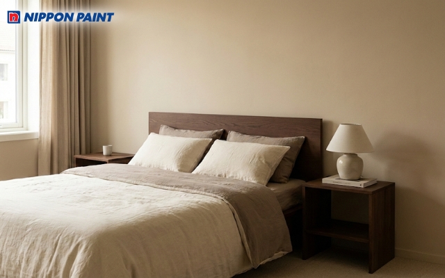 Phòng ngủ tông be kết hợp nội thất nâu trầm