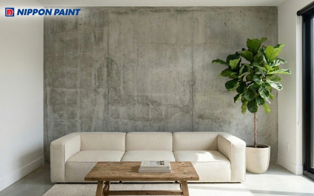 Tường hiệu ứng bê tông mài làm điểm nhấn mang lại vẻ đẹp thô mộc nhưng tinh tế
