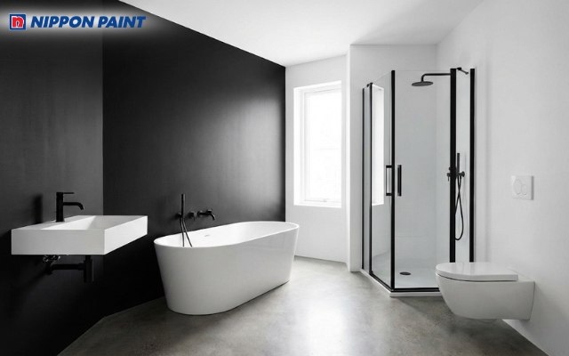 Mảng tường đen làm điểm nhấn trong phòng tắm trắng