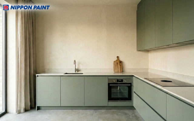 Tủ bếp màu xanh kết hợp với tường màu kem tạo cảm giác thư thái