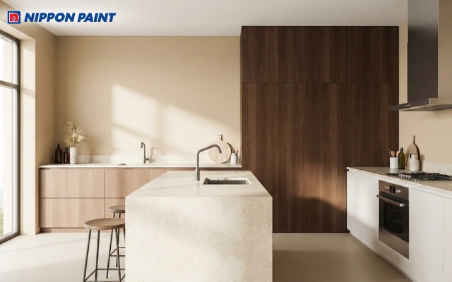 Sơn tường màu be, thêm các chi tiết màu nâu gỗ mang lại cảm giác ấm cúng