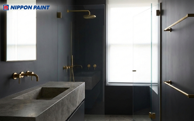 Tường ghi đậm kết hợp phụ kiện màu đồng tinh tế