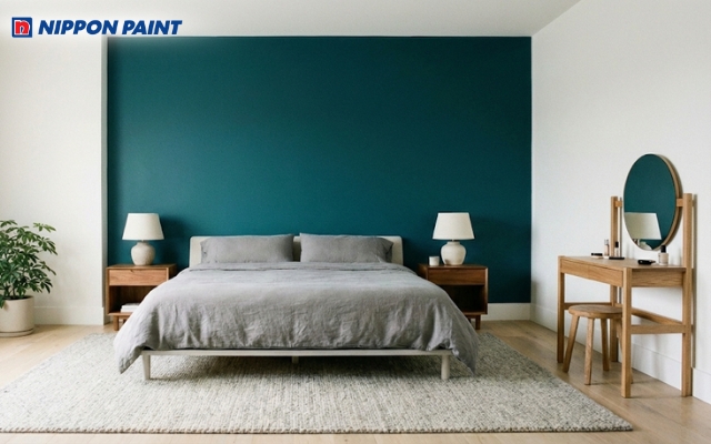 Tường đầu giường xanh đậm nổi bật trên nền trắng