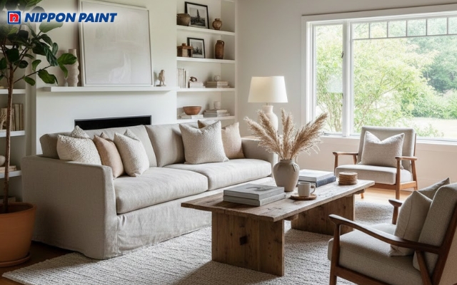 Trắng kem chủ đạo kết hợp trần gỗ nâu sẫm và bộ sofa vải linen màu be cao cấp