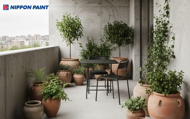 Hiệu ứng bê tông mài thô cho ban công phối cùng chậu cây bằng gốm