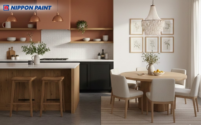 Màu Terracotta (cam đất) cho mảng tường bếp tạo nét rực rỡ, ấm cúng