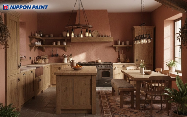 Màu đất đậm cho tủ bếp dưới, kết hợp gạch thô cho sàn nhà