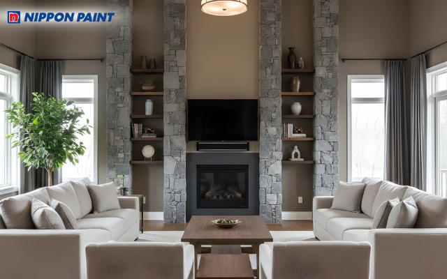 Tường màu nâu xám được nhấn bằng các cột đá thô màu xám than đầy vững chãi