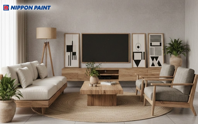 Sơn hiệu ứng bê tông xám nhẹ đi cùng nội thất màu gỗ thô tạo nét phong trần