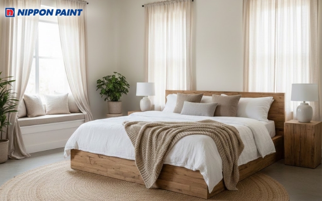 Tông màu kem kết hợp cùng rèm vải lanh và giường gỗ thô