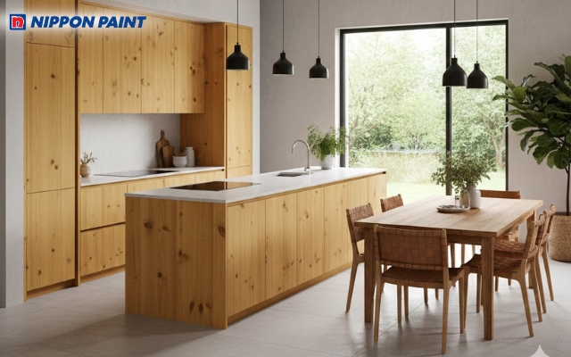 Tường xám xi măng nhẹ làm nền cho hệ tủ bếp bằng gỗ thông màu vàng tự nhiên