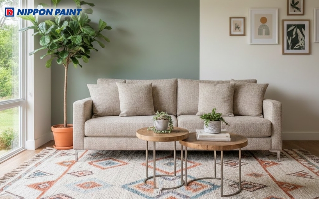 Xanh rêu nhạt cho diện tường chính cùng sofa vải bố và thảm dệt thủ công